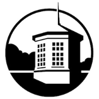 Black and white building university logo.