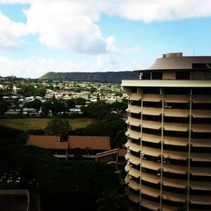 University of Hawaii building at Manoa overlooking city.