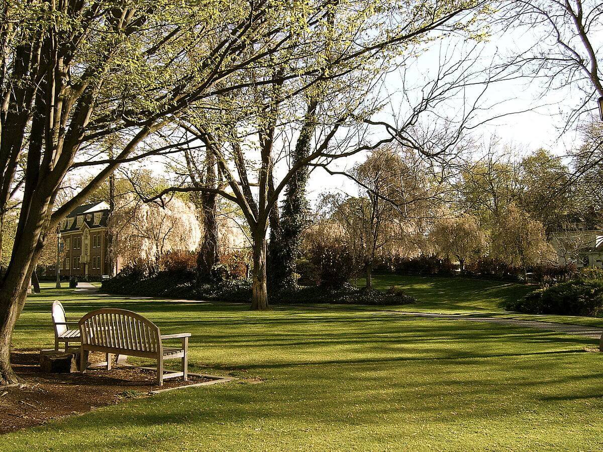 Campus lawn of Whitman College during early spring with building in the distance.