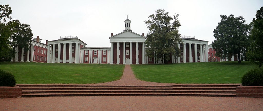 Panoramic shot of brick academic halls at Washington and Lee University.