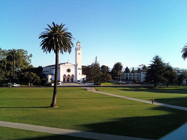 Loyola Marymount University view to Sacred Heart Chapel and Clock Tower.