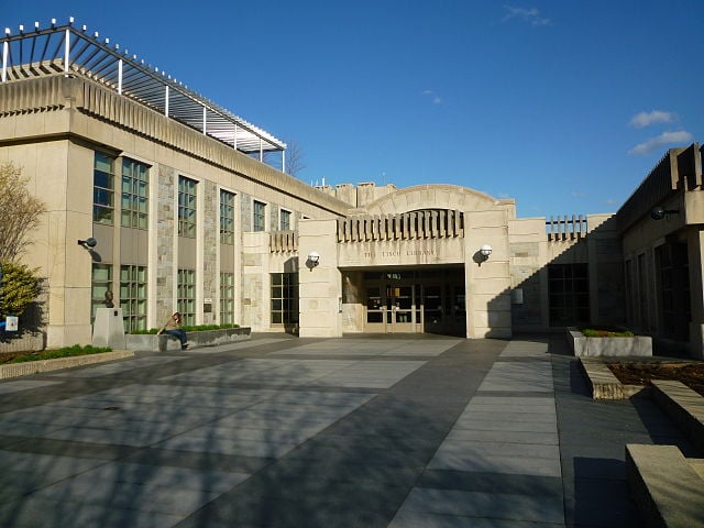 The Tisch library entrance at Tufts University - Top 50 Best Colleges