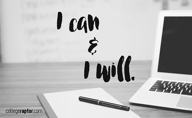 Picture of a desk and a laptop, with text overlayed that says "I can and I will".