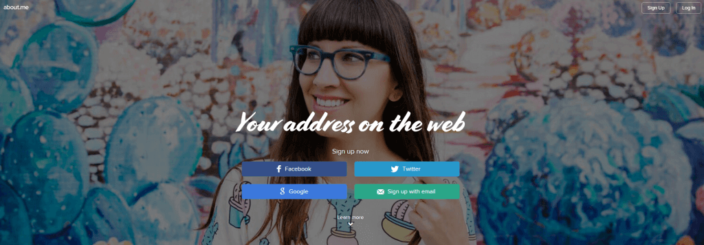 About.me website screenshot with a girl wearing eye glasses in the background with overlay text that says "Your address on the web."