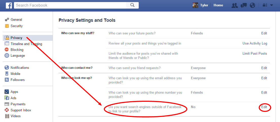 Facebook Privacy Settings and Tools screenshot with arrow pointing to "Do you want search engines outside of Facebook to link to your profile?" option.