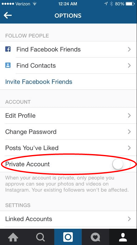Instagram setting screenshot that a red circle around the "Private Account" option.