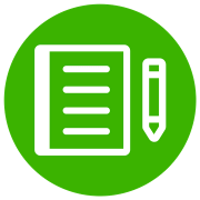 A dark green circle with a journal and pencil icon.