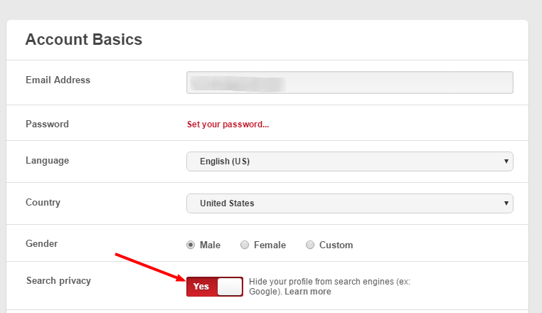 Pinterest account basics setting screenshot with arrow pointing to the Yes option in search privacy.
