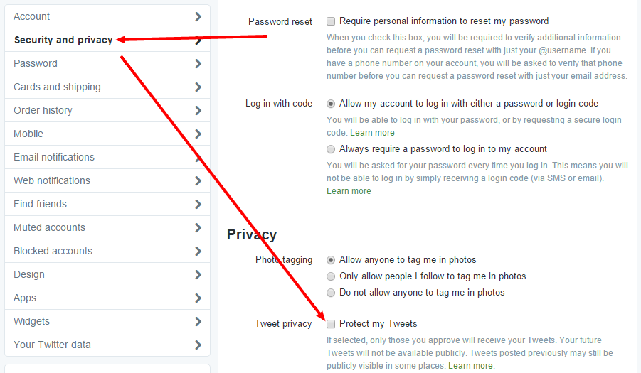 Twitter screenshot of the settings, with arrow pointing to "Security and Privacy" and "Protect my tweets" option.