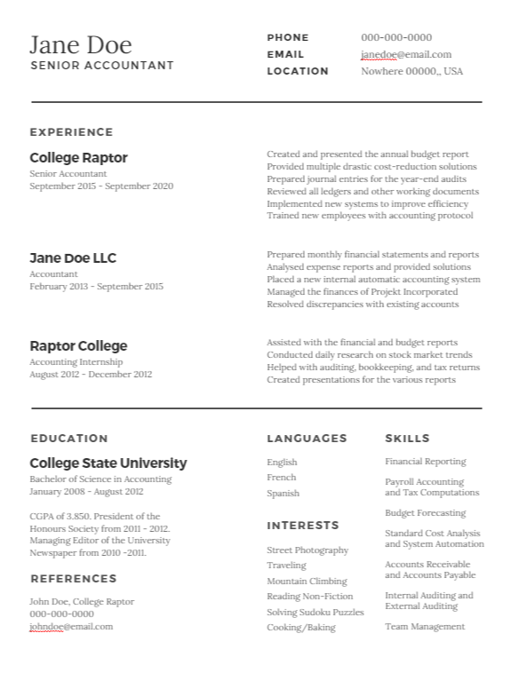 Here's an example of a traditional resume