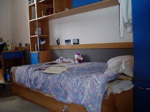 A dorm room with bed, shelves, and a desk.