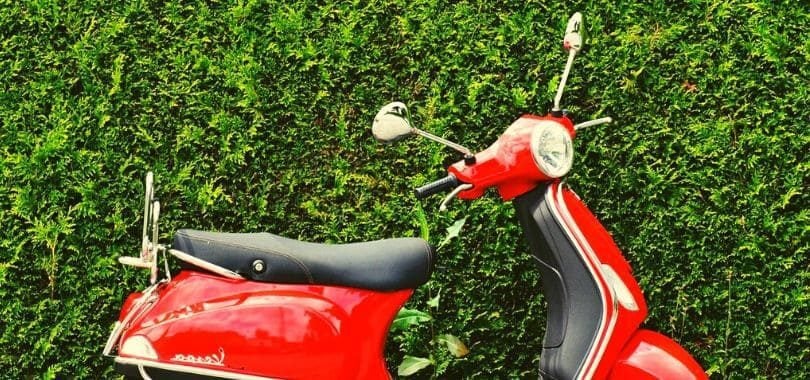A red moped parked in front of a green hedge.