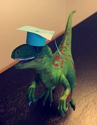 Roxie wearing a graduation cap
