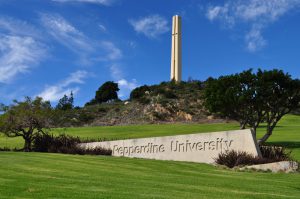 Pepperdine University entrance with tower in the background.