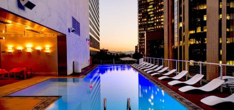 A rooftop pool at a hotel. 