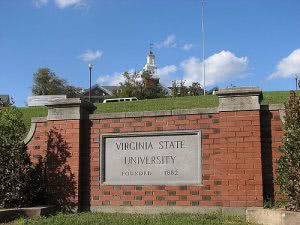 College sign at Virginia State University's entrance.