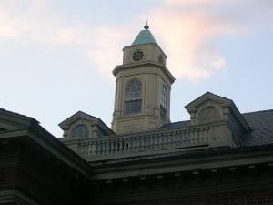 The top of Tucker Hall at the College of William and Mary.