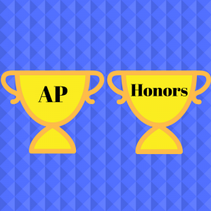 Two yellow trophies with "AP" and "Honors" on them with a blue patterned background.