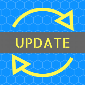 Overlay text "Update" against grey and blue with a circular arrow background.