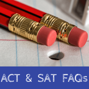 Two pencil eraser head over a white lined paper with a hole—overlay text "ACT & SAT FaQs" on the foreground.