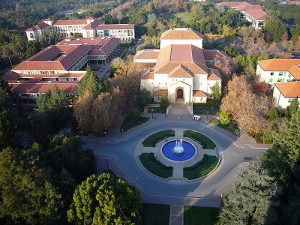 Hoover Tower in Stanford University campus aerial shot.