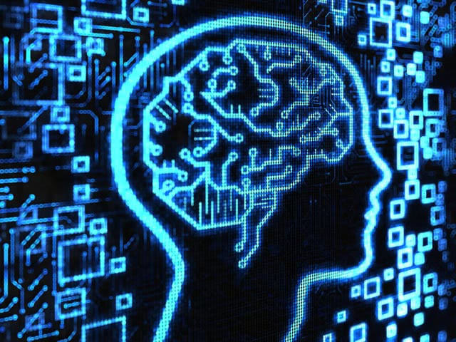 Blue and black illustration of a digital brain.