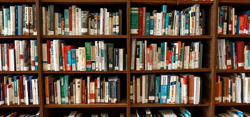 Bookshelves filled with books.