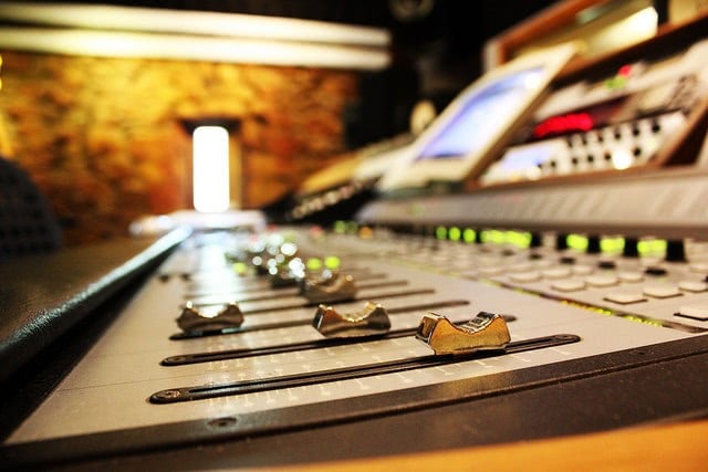 Close-up of an audio mixer.