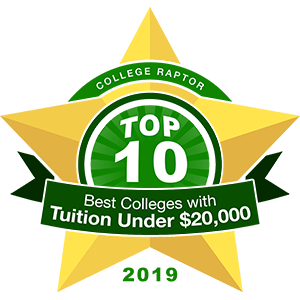 A gold star badge that says "College Raptor Top 10 Best Colleges with Tuition under $20,000 2019."