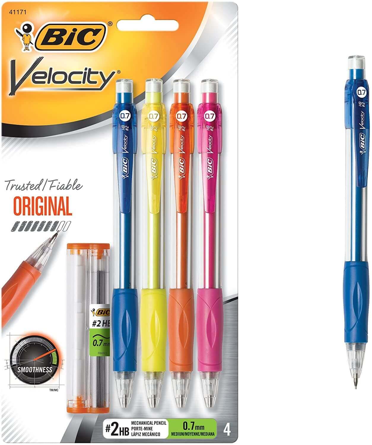 Four mechanical pencils in packaging, with additional lead and erasers.