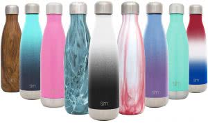 Cylindrical water bottles in multiple colors and patterns. Click to view its Amazon page. 