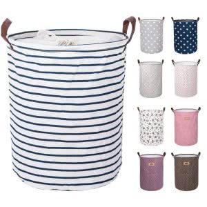 Striped or polka-dotted DOKEHOM Large Laundry Basket with drawstring. Click to view the Amazon page.