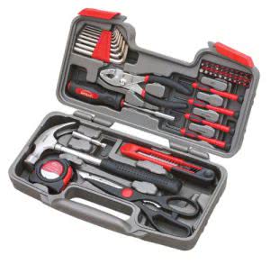 Gray and red tool box with tools packed inside.. Click to view its Amazon page.