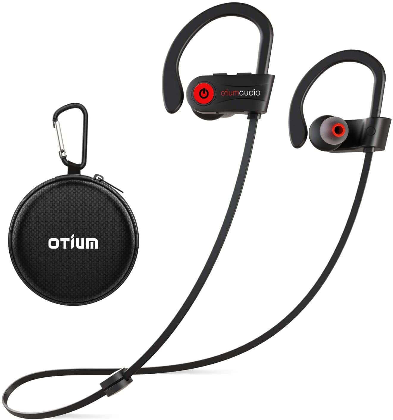 Black wireless earbuds with a black pouch.
