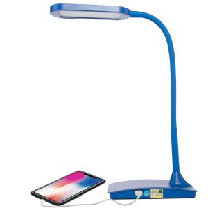 Blue LED desk lamp with a cellphone connected to the lamp via USB cable. Click to view its Amazon Page.