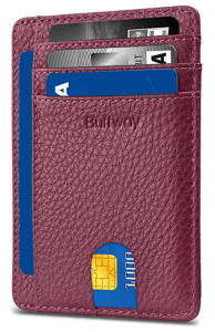 Maroon slim leather wallet with card slots. Click to view its Amazon page.