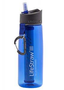 Blue LifeStraw Go water filter bottle with carabiner. Click to view its Amazon page.