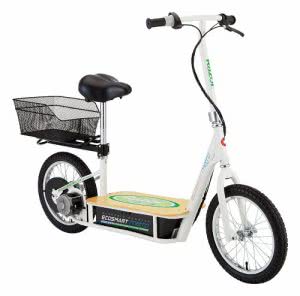 Razor electric scooter with bamboo deck and basket. Click to view its Amazon page.