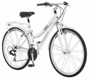 A white aluminum Schwinn hybrid bicycle. Click to view its Amazon page.