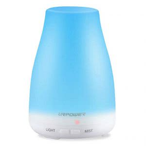 Light blue cylindrical URPOWER color changer humidifier with a LIGHT and MIST button. Click to view its Amazon Page.