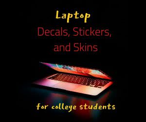 Laptop half open with text: laptop decal stickers and skins
