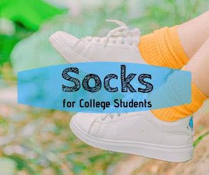 Shoes with orange socks and text: socks for college students