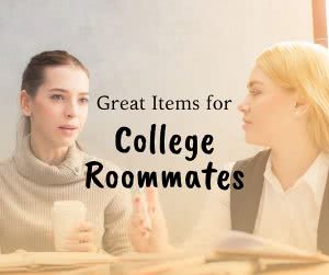 Two roommates studying and text: great items for college roommate
