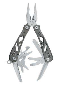 Gray multi-plier by Gerber with various tools extended. Click to visit its Amazon page.