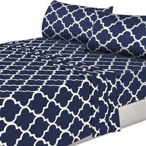 Navy blue trellis-patterned sheets and pillow cases by Utopia Bedding. Linked to its Amazon page.