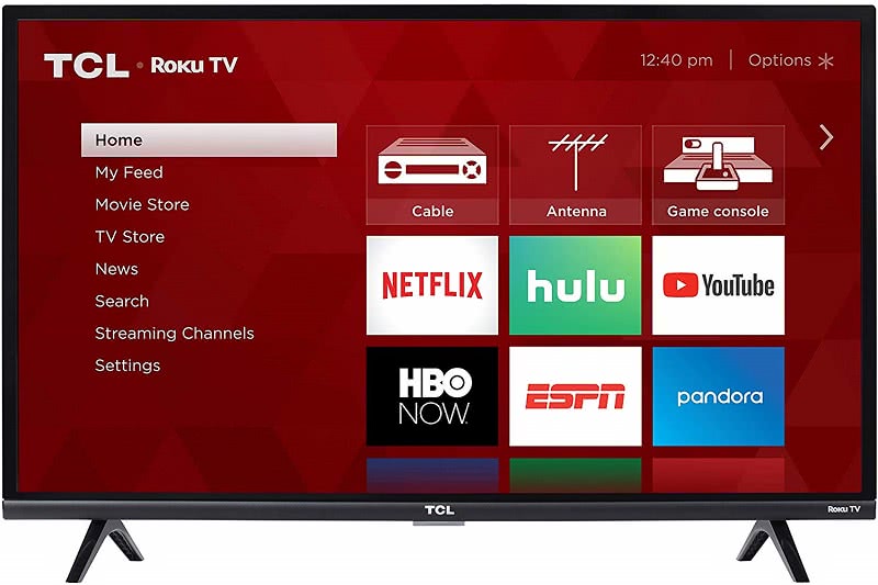 TCL Roku Smart LED TV displaying menu apps. Click to visit its Amazon page.